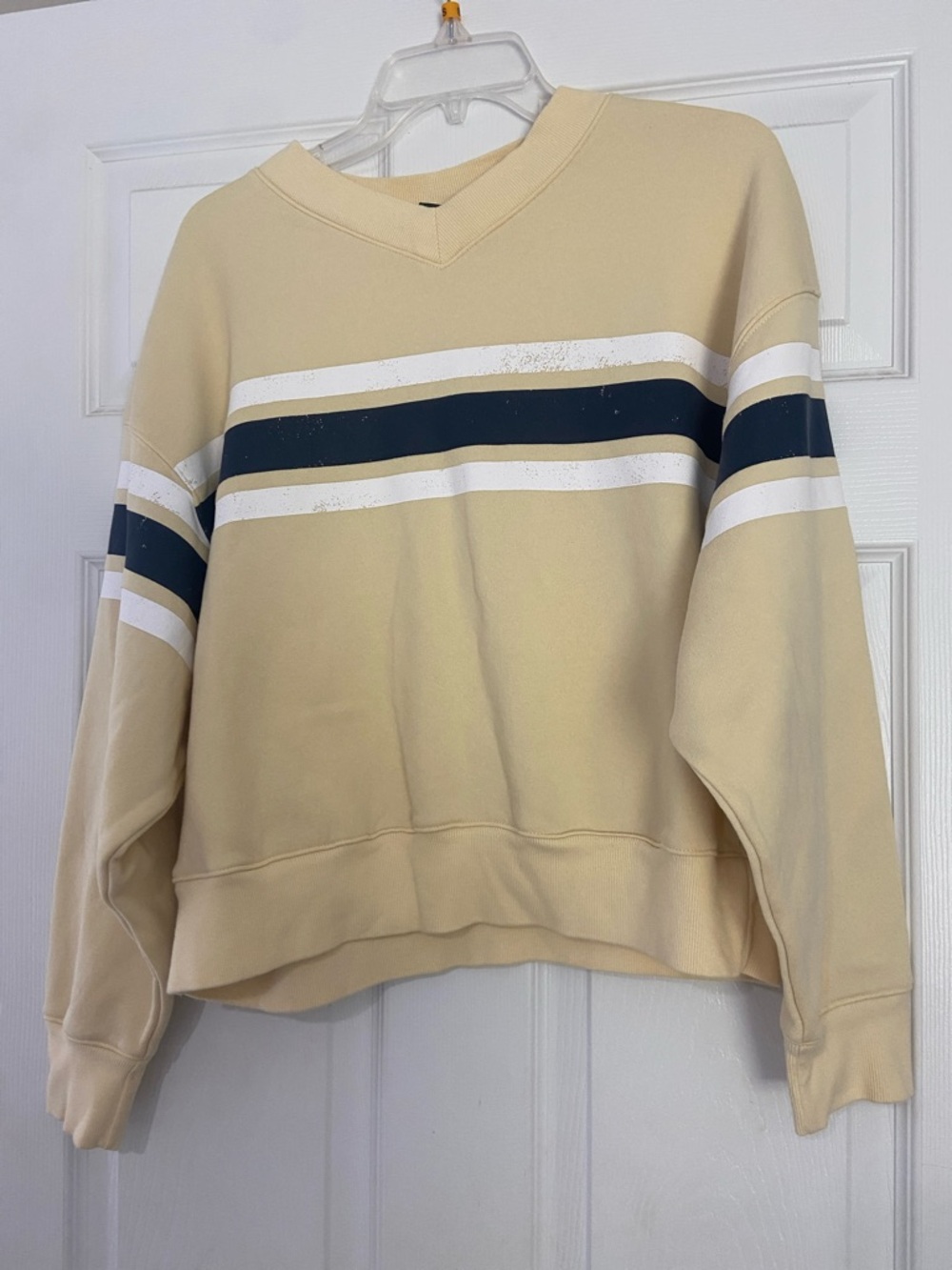 wild fable Beige V-Neck Stripe Pullover Sweatshirt